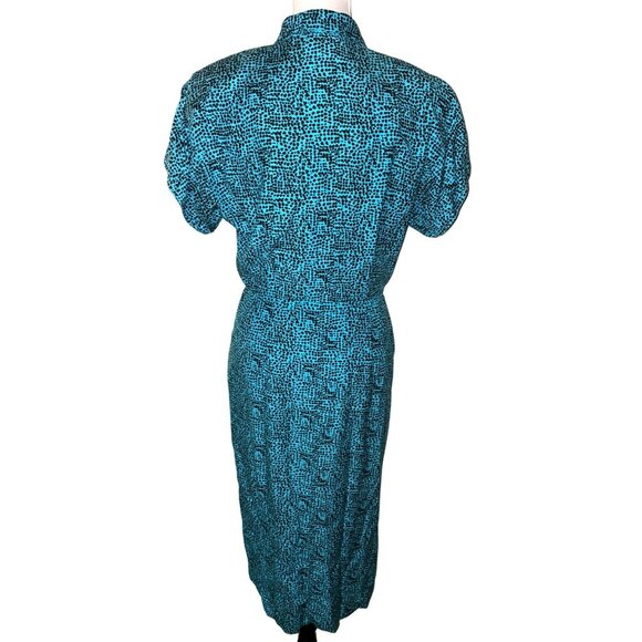 Vintage Silk Studio 100% Silk Button-Down Short Sleeve Dress Size 8 Teal & Black - Picture 2 of 5